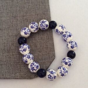 Ceramic Blue Flower Bead Bracelet New